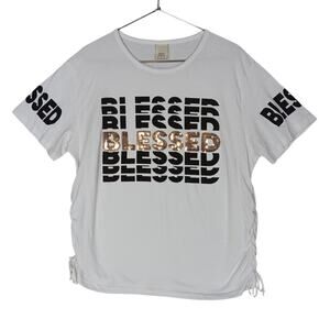 Fashion of New York Graphic "Blessed" in Gold Sequins Top 3X White Scrunched